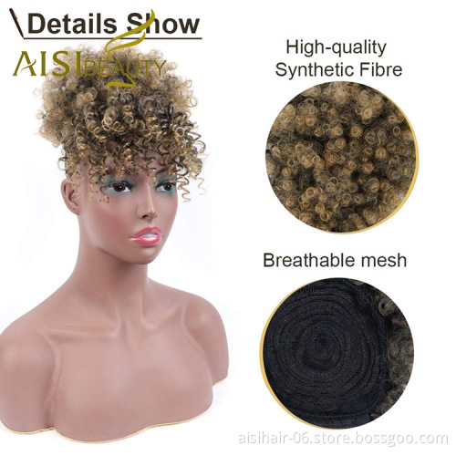 Aisi Beauty New Design Wholesale Mixed Brown Blonde Fluffy Puff Hairpiece Extension With Bangs Curly Afro Kinky Afro Hair Bun